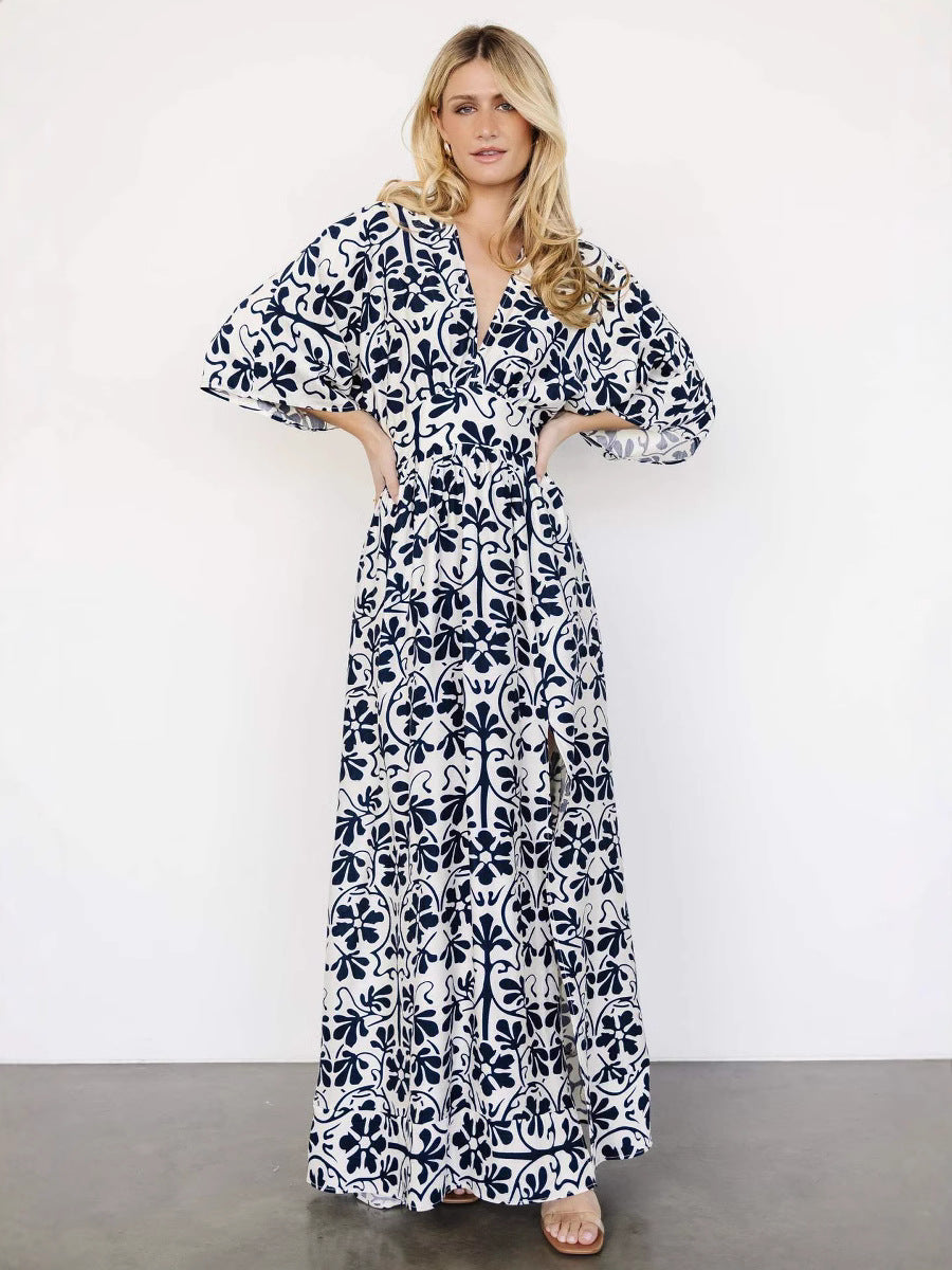 Vacation Bohemian Dress Printed Beach Backless Self Tie Dress