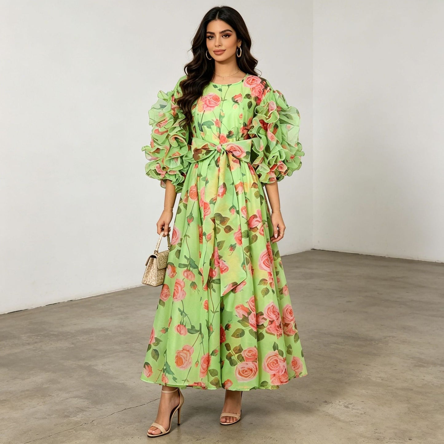 Retro Romantic Palace Rose Print Dress for Women round Neck Design Puff Sleeve Dress