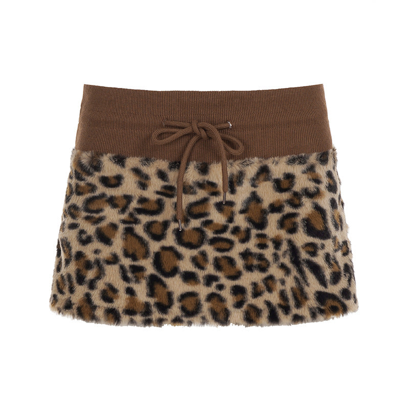 Vintage Leopard Print Stitching Waist Head Contrast Skirt Women Lace up Sexy Thread Furry Skirt