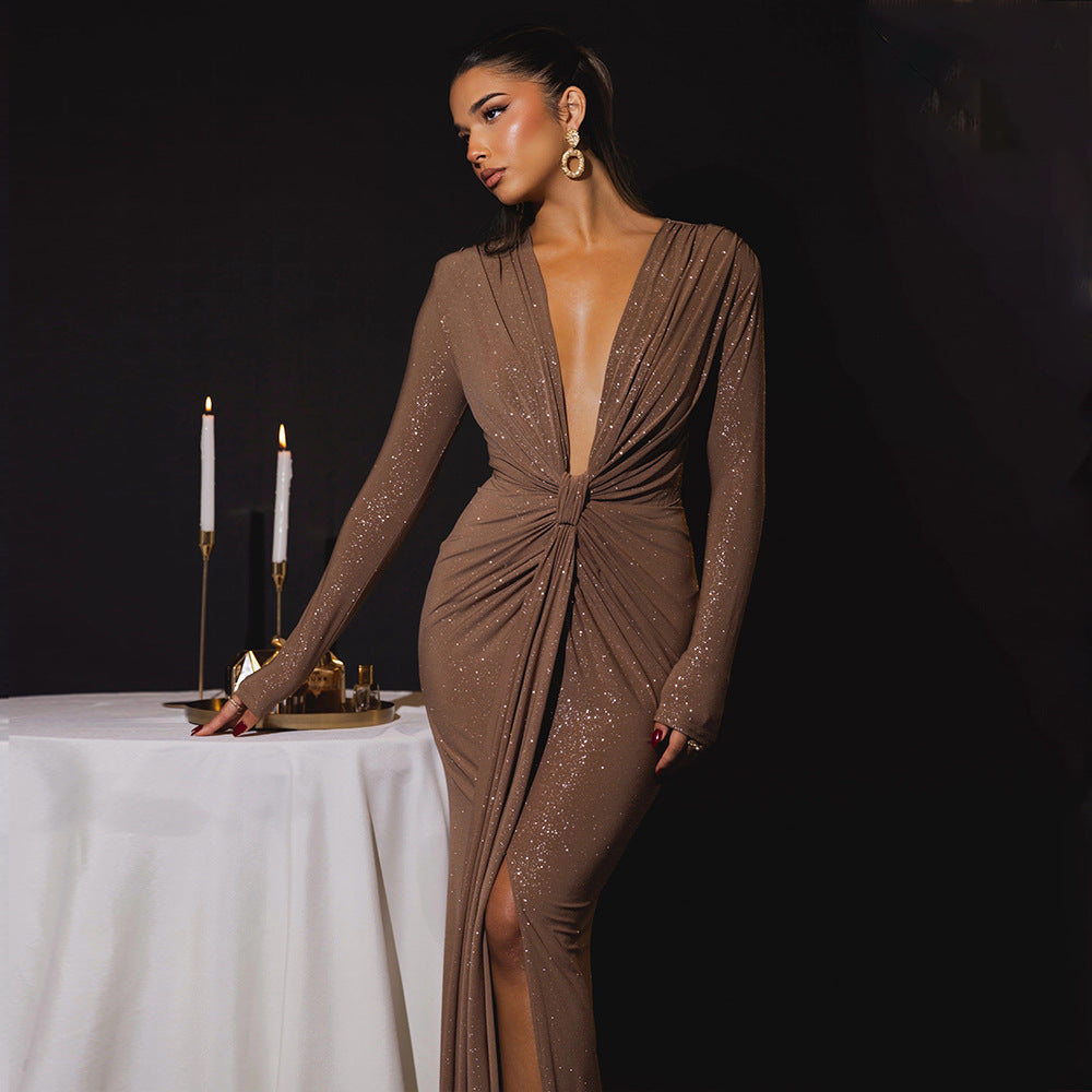Autumn Winter Sexy Deep V Plunge neck Ribbon Dress Sexy Slit Slim Fitting Dress