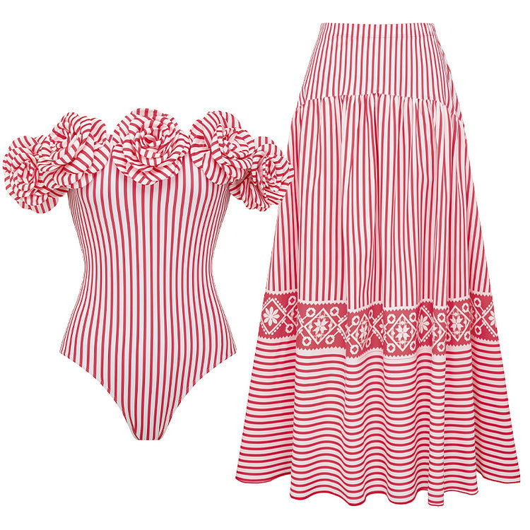 Swimsuit Tube Top 3D Floral Decorative Striped One Piece Swimsuit Women