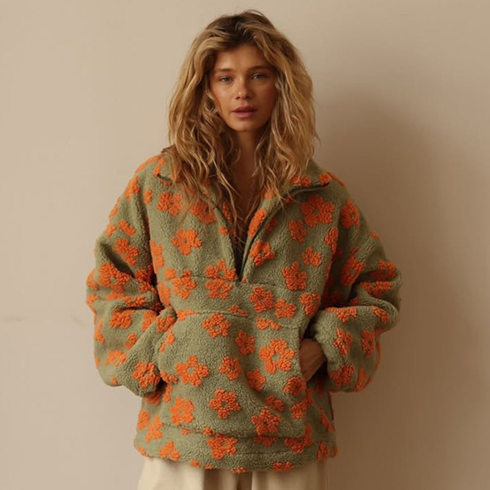 Women Polar Fleece Floral Autumn Winter Sweater Warm Furry Fleece Pullover