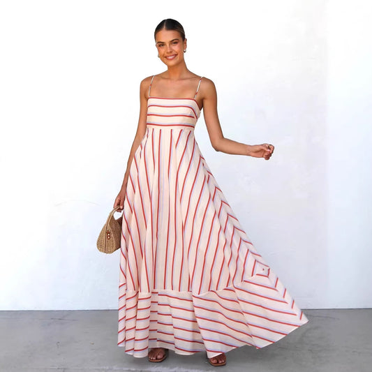 Summer Cami Dress Striped Print High Waist Big Swing Vacation Women Dress
