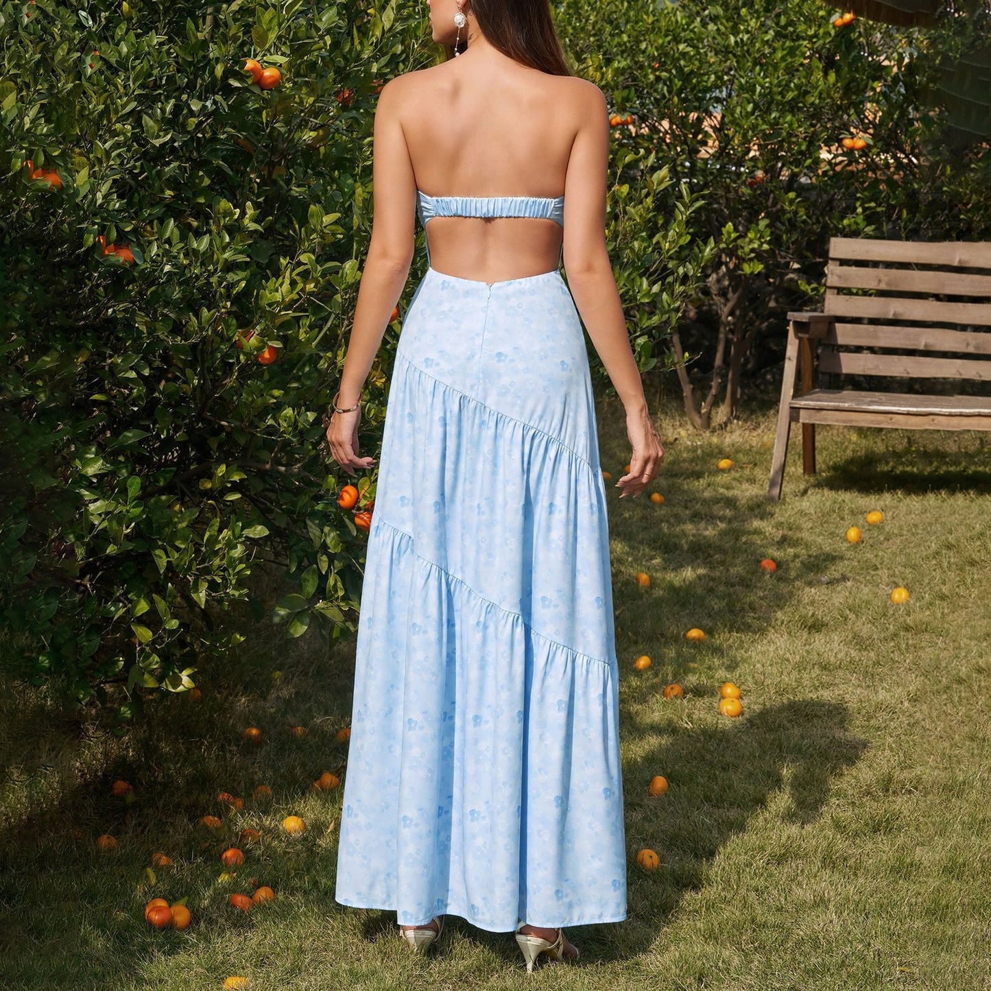 Tube Top Bow Bandage Dress Sexy Backless Pleated Print Maxi Dress