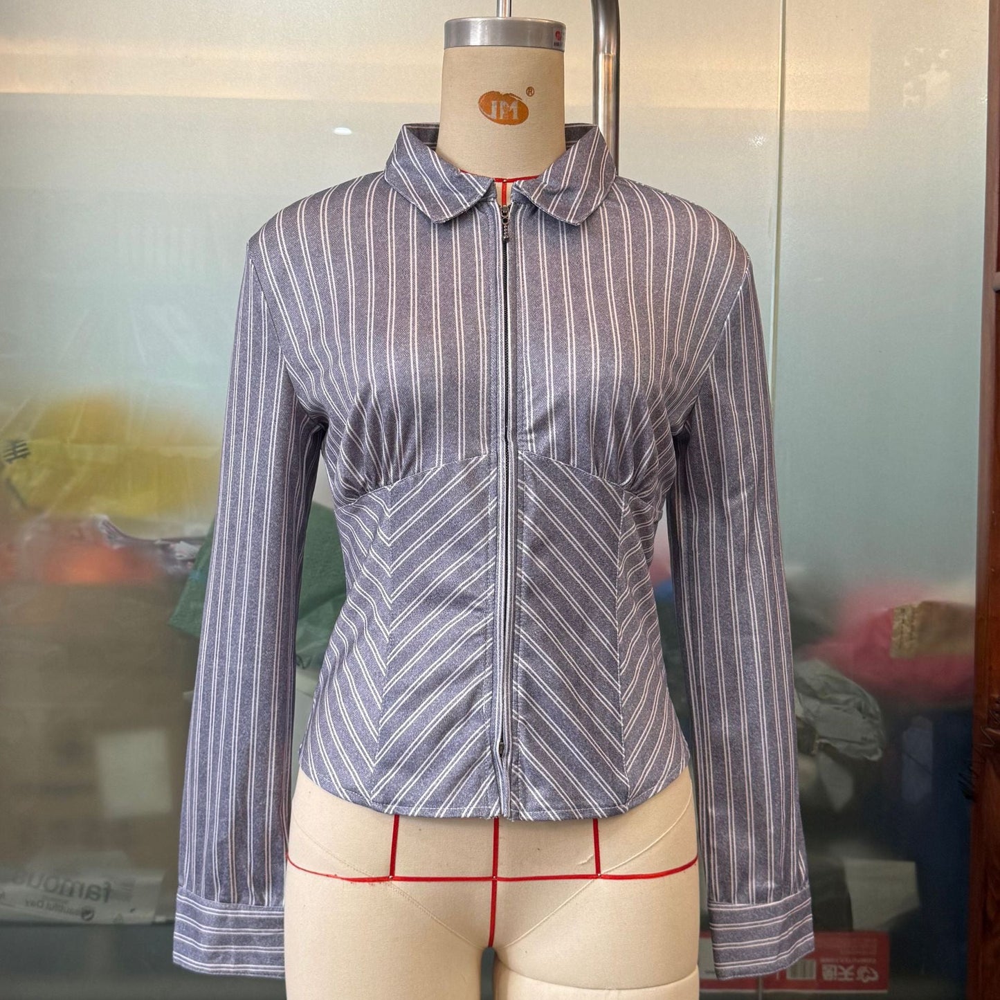 Women Clothing Spring Advanced Striped Long Sleeve Cardigan Shirt