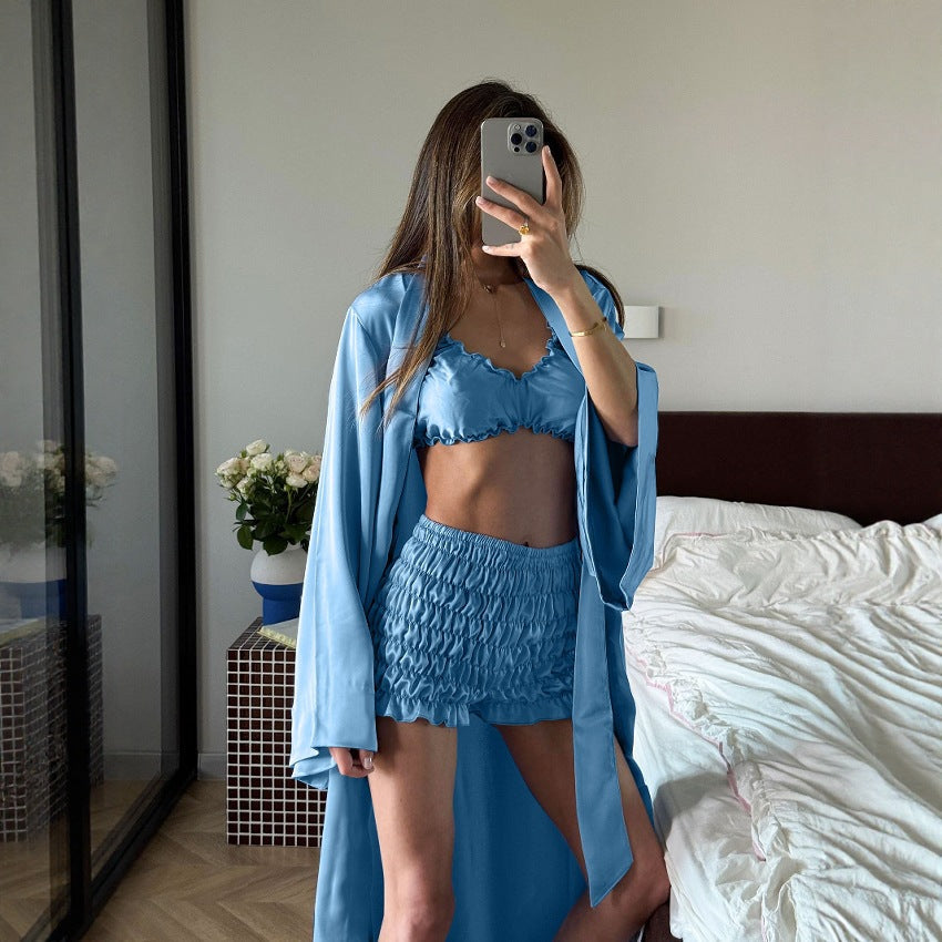 Pleated Satin Casual Comfortable Suspender Underwear Shorts Cardigan Pajamas Home Wear Three Piece Sets