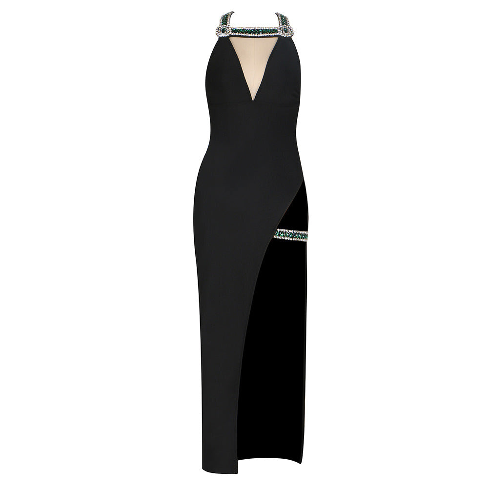 Summer Elegant Rhinestone Halter Dress Sexy Sleeveless Side Slit Dress