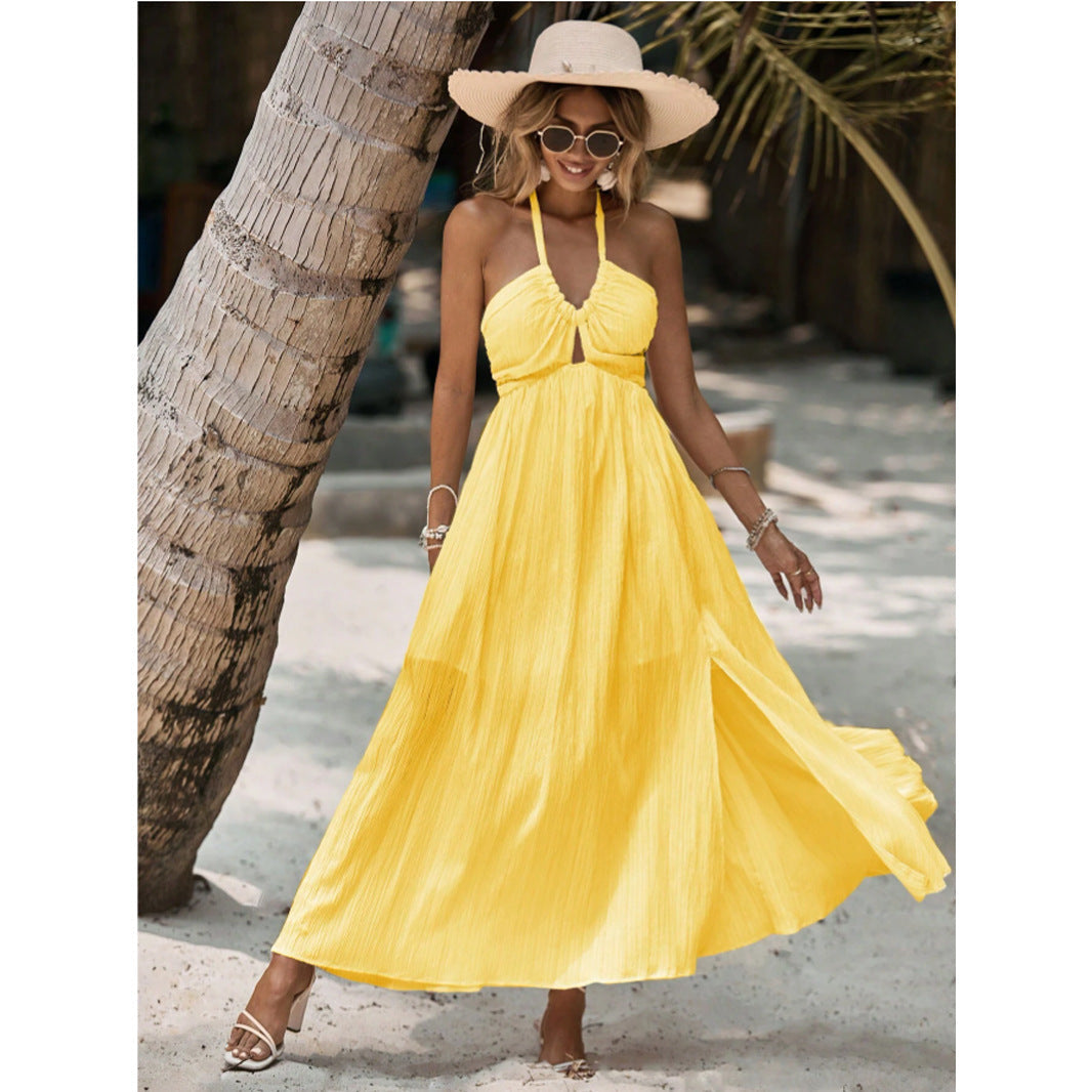 Women Solid Color Tied Backless Halter Dress