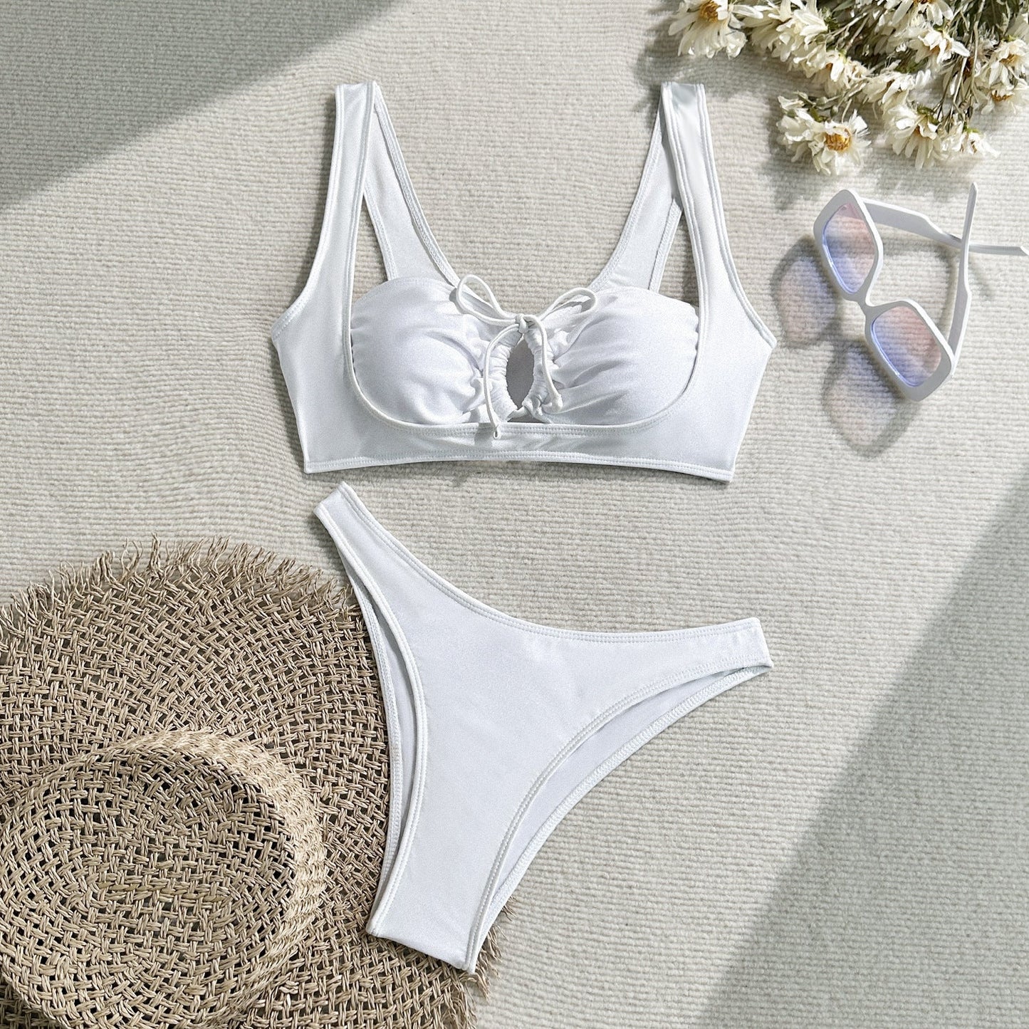 Solid Color Nylon Light Split Sexy Hollow Out Cutout Lace Swimsuit Swimwear Bikini