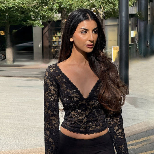 Autumn Sexy Hollow Out Cutout out V neck Lace See through Bottoming Top