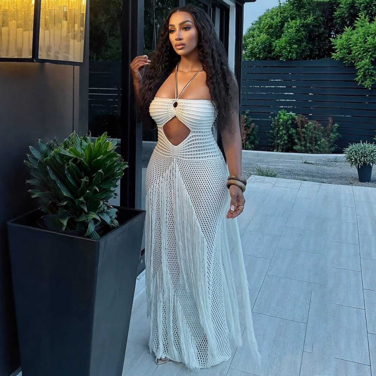 Hollow Out Cutout Bikini Cover Sexy Waist Drawstring Tassel Knitted Beach Dress for Women