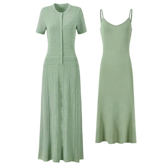 Bright Silk Summer Fashionable Knitted Slim Slimming Short Sleeve Maxi Dress for Women