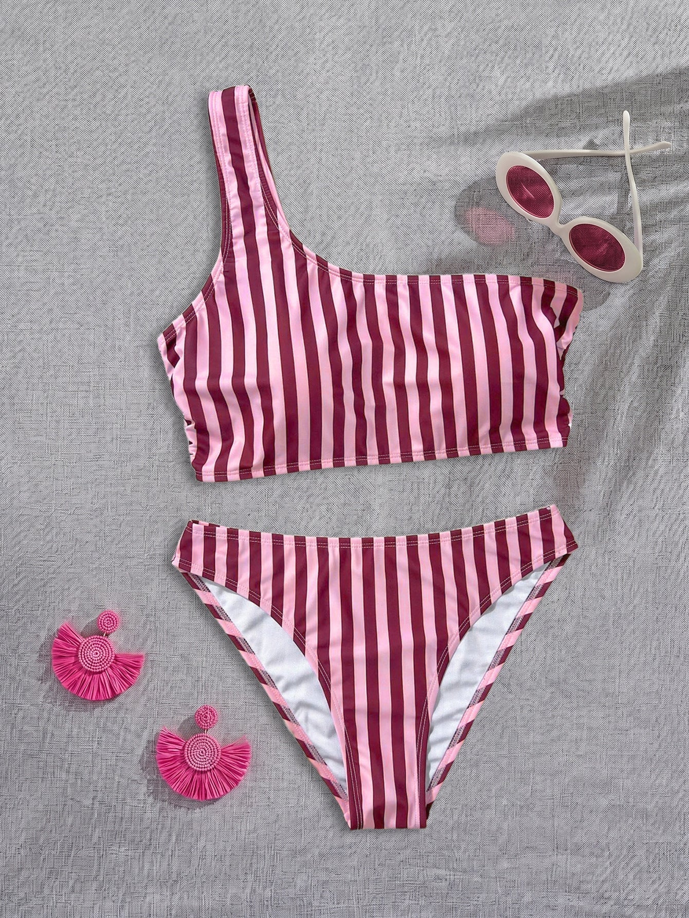 Bikini Pink Striped One Shoulder Tube Top Bikini Sexy Backless Low Waist Split Swimsuit