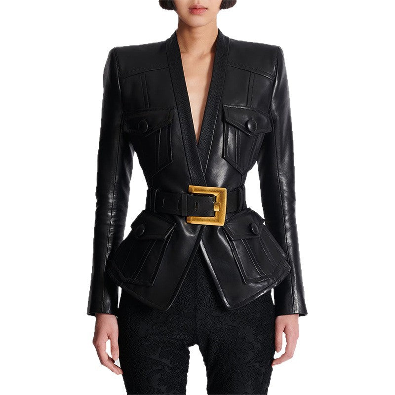 Early Autumn Star Series Belt Slim Fit Leather Jacket Coat