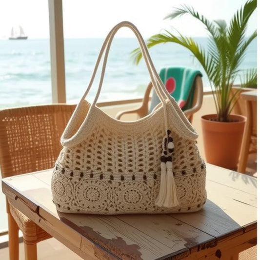Wooden Bead Tassel Shoulder Cotton Thread Woven Bag Hollow Out Cutout Straw Bag Vacation Beach Bag Women Bag