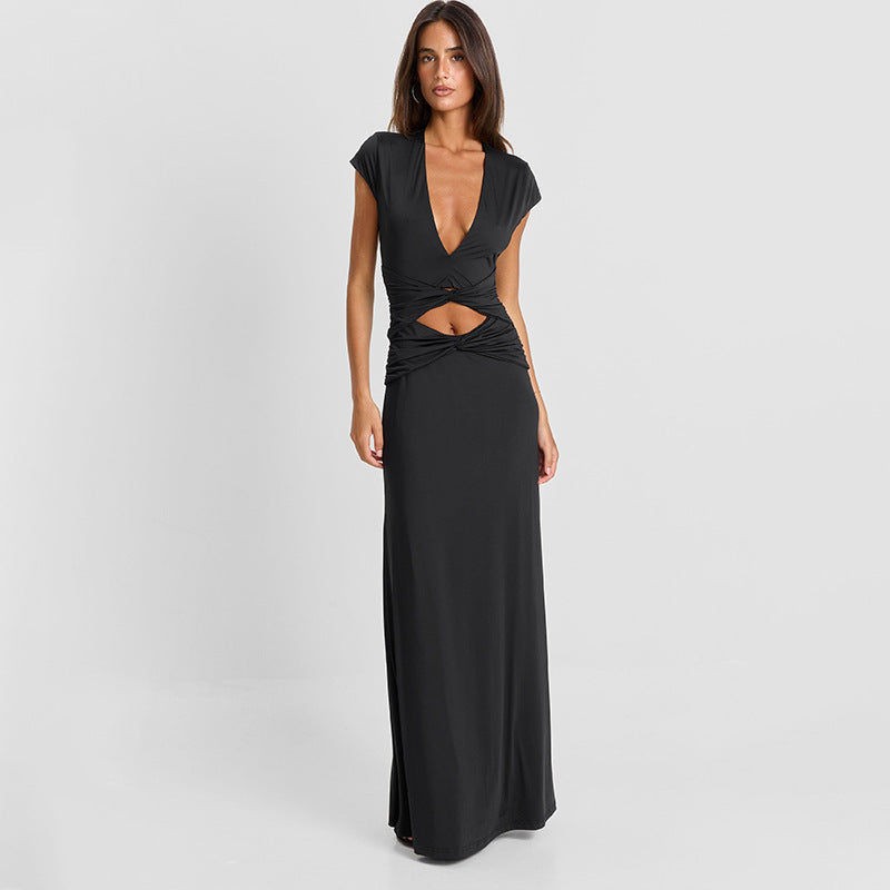 Women Clothing Autumn Solid Color Casual Short Sleeve Hollow Out Cutout Out Deep V Bare Cropped Slim Fit Maxi Dress