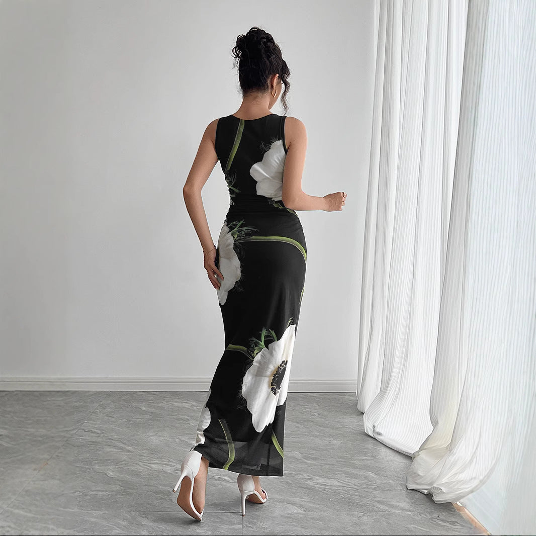 Spring Summer Women Black Mesh Floral Print Sleeveless Maxi Dress