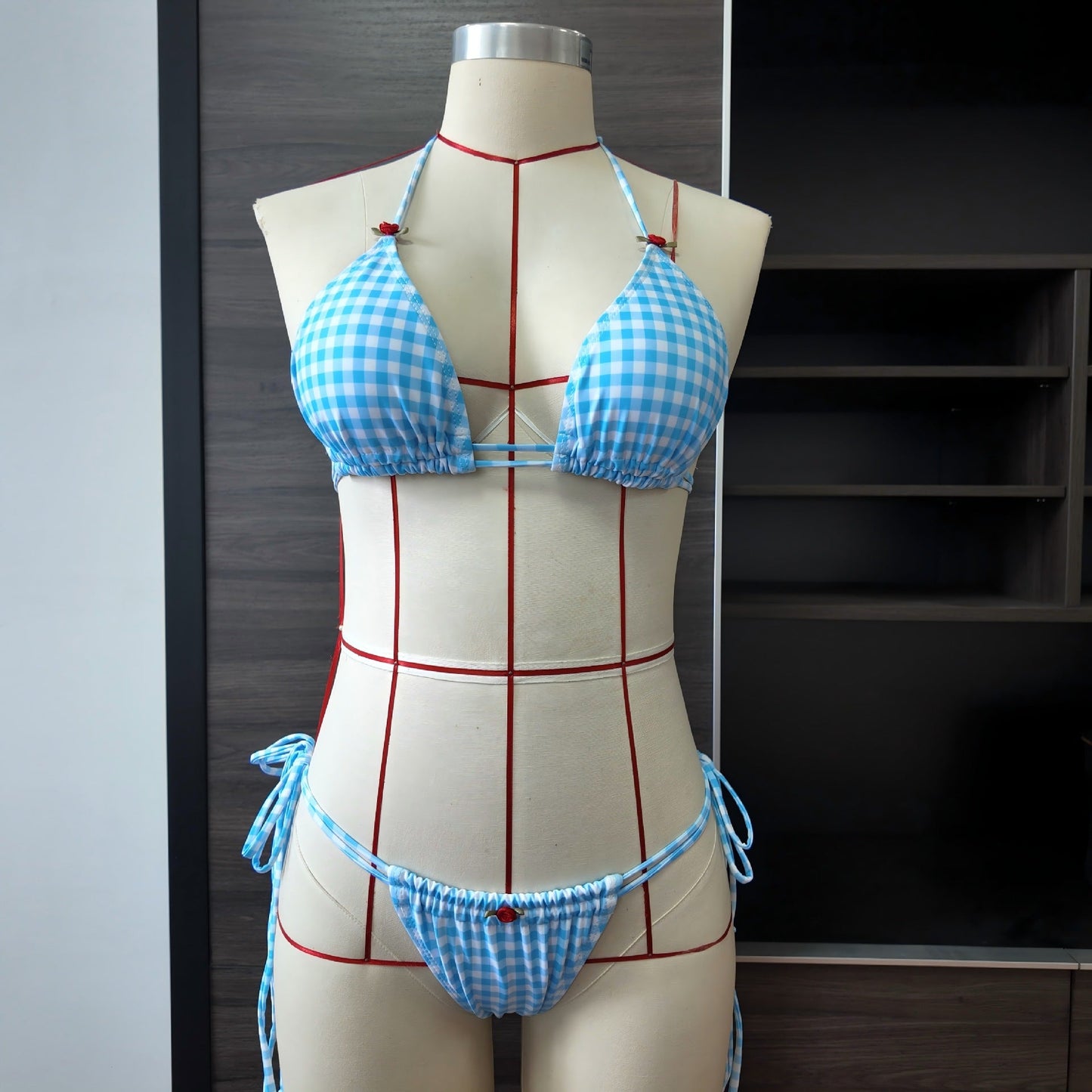Blue White Plaid Banded Bikini Women Printed Roses Sexy Split Swimsuit Women