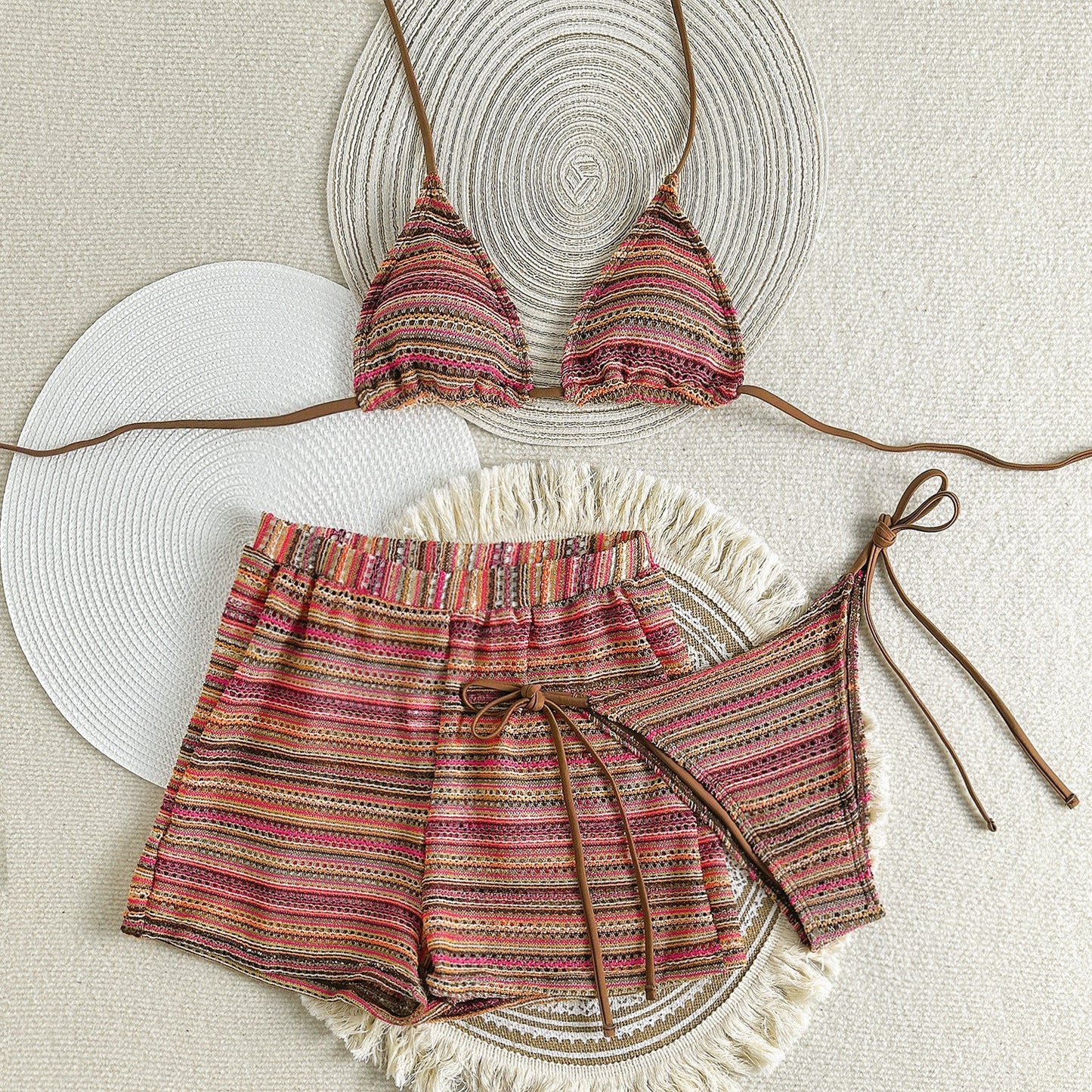 Sexy Halter Bikini Knitted Contrast Color Beach Shorts Three Piece Swimsuit Bikini