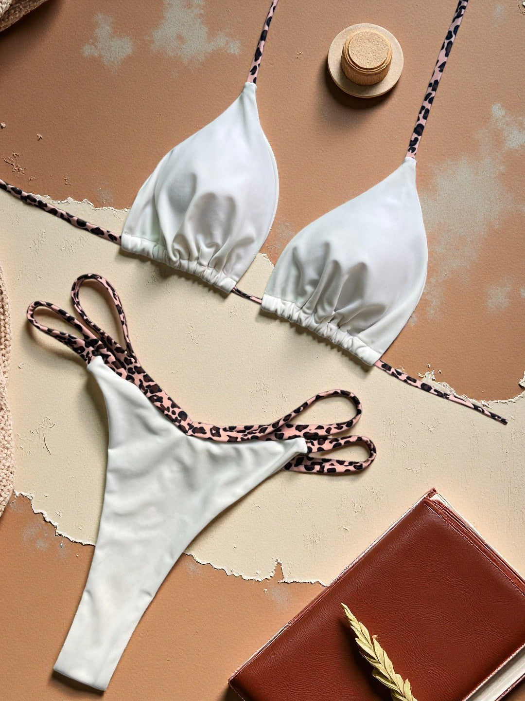 Leopard Splicing Bikini Solid Color Sexy Split Swimsuit Women