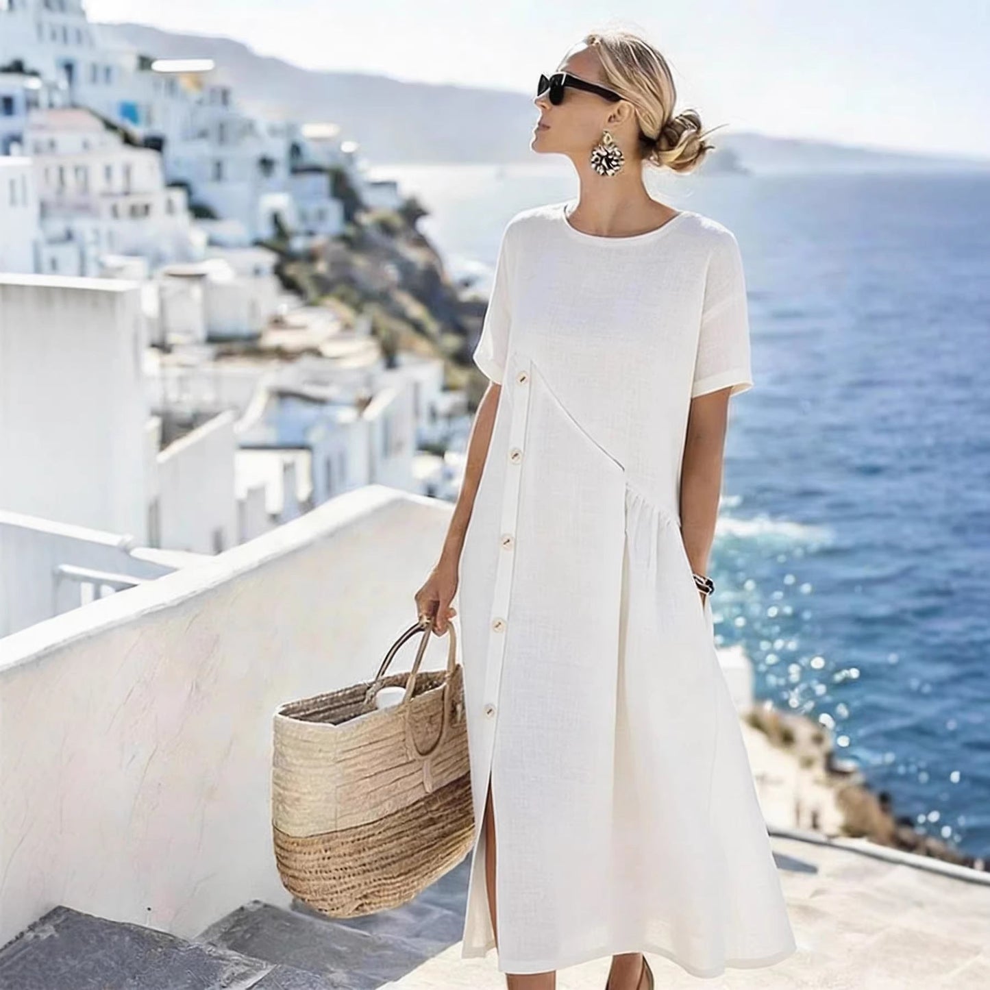 Casual Fastener Decoration Fold Pocket Mid Length Dress