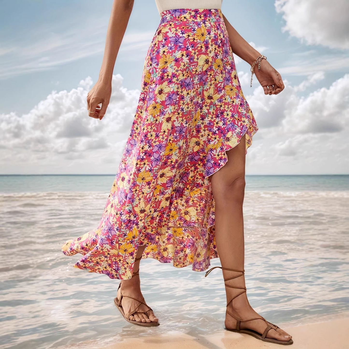 Summer Lace up Split Irregular Asymmetric Ruffled Small Floral Skirt Women