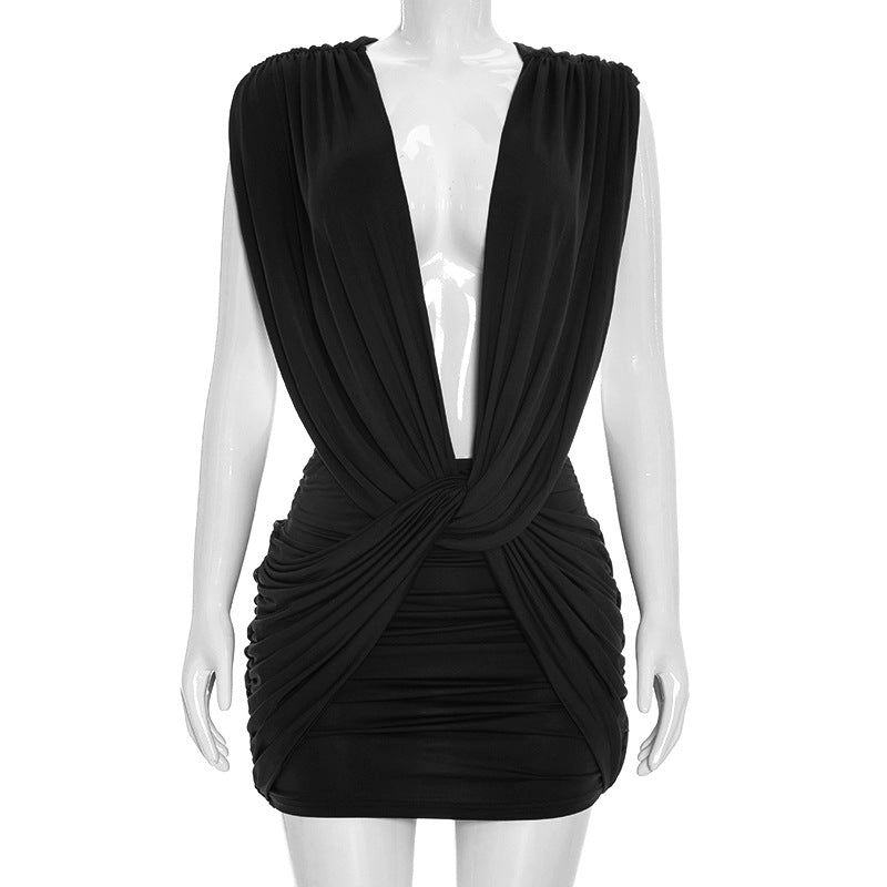 Women Clothing Summer Solid Color Casual Cross Twist Sleeveless Pleated Slim Short Dress