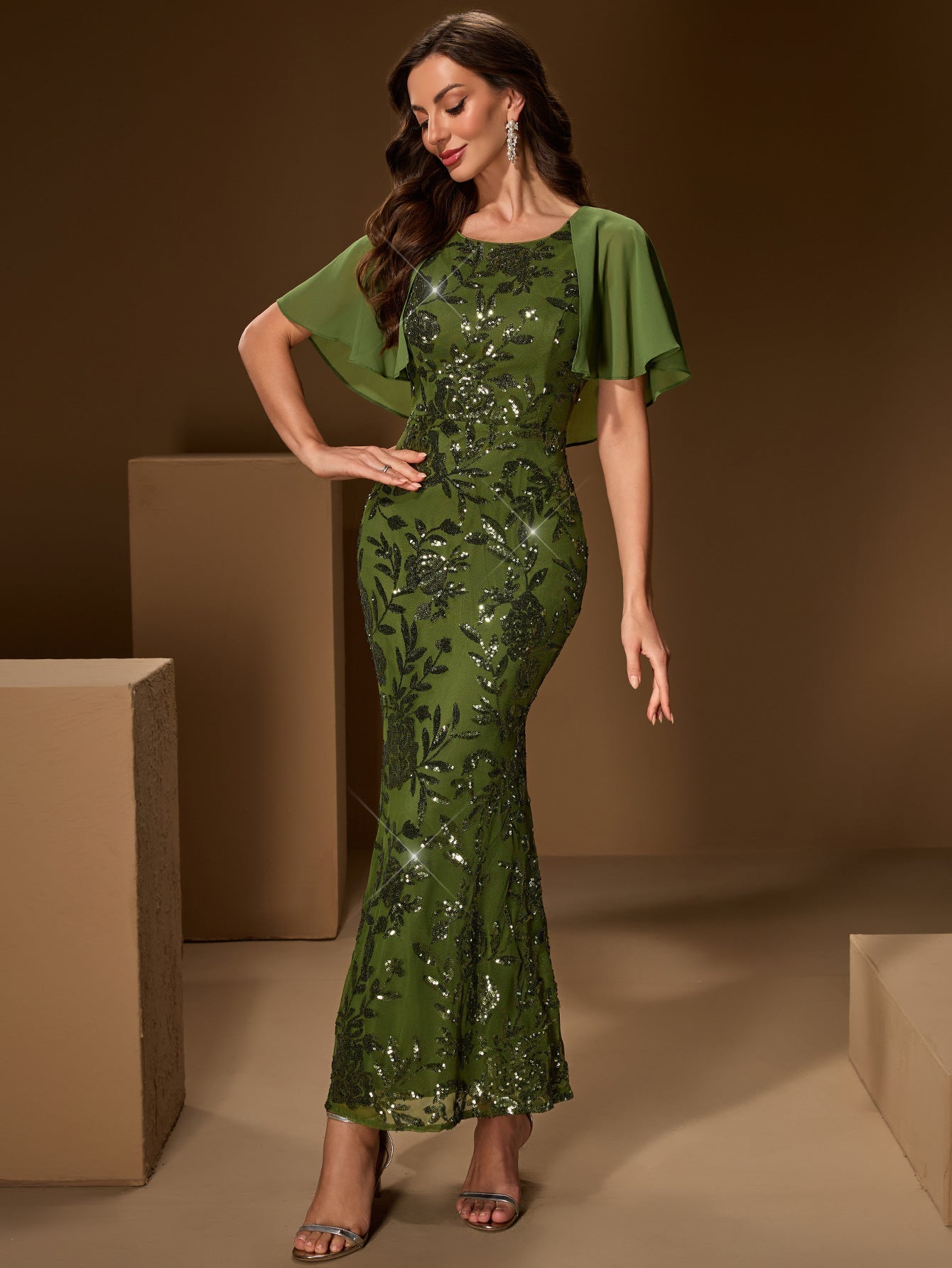 Summer Autumn round Neck Shawl Sequin Stitching Fully Lined Fishtail Evening Party Dress