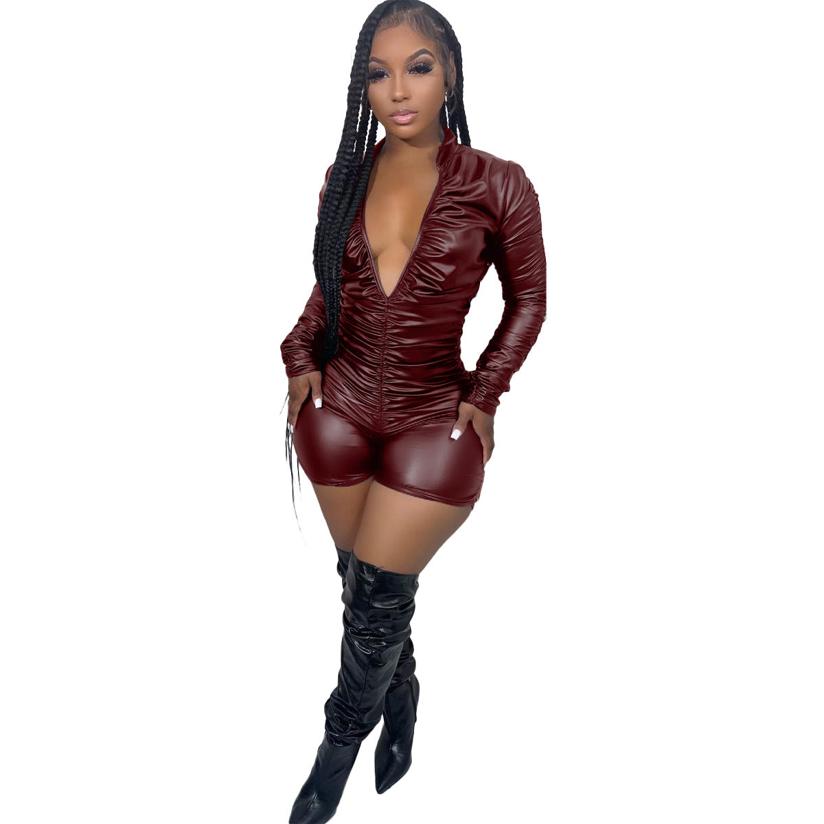Women Clothing Solid Color Pleated High Elastic Faux Leather Jumpsuit