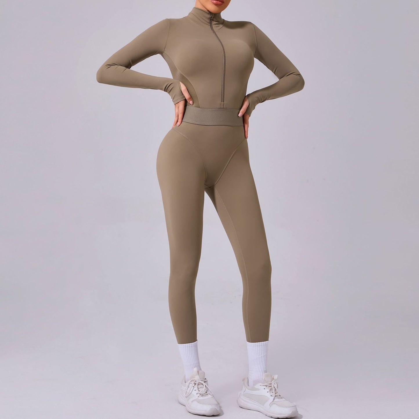 Mesh Stitching on Both Sides Yoga Jumpsuit Tight Elastic Waist Finger Hole Stitching Sports Fitness One Piece