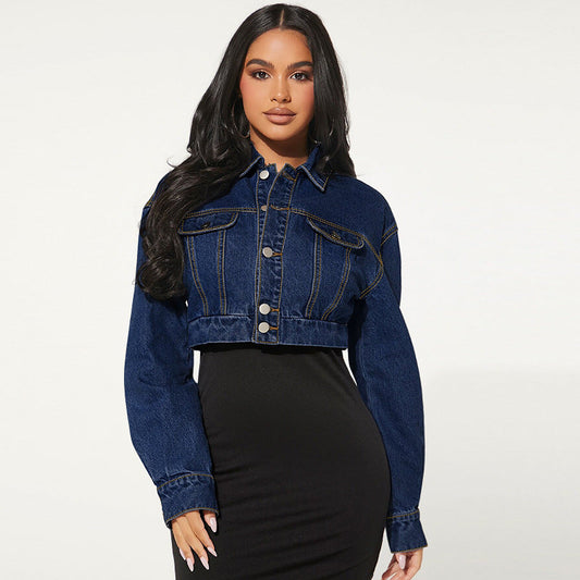 Women Clothing Denim Elastic Button Cardigan Long Sleeve Short Denim Coat Outlet