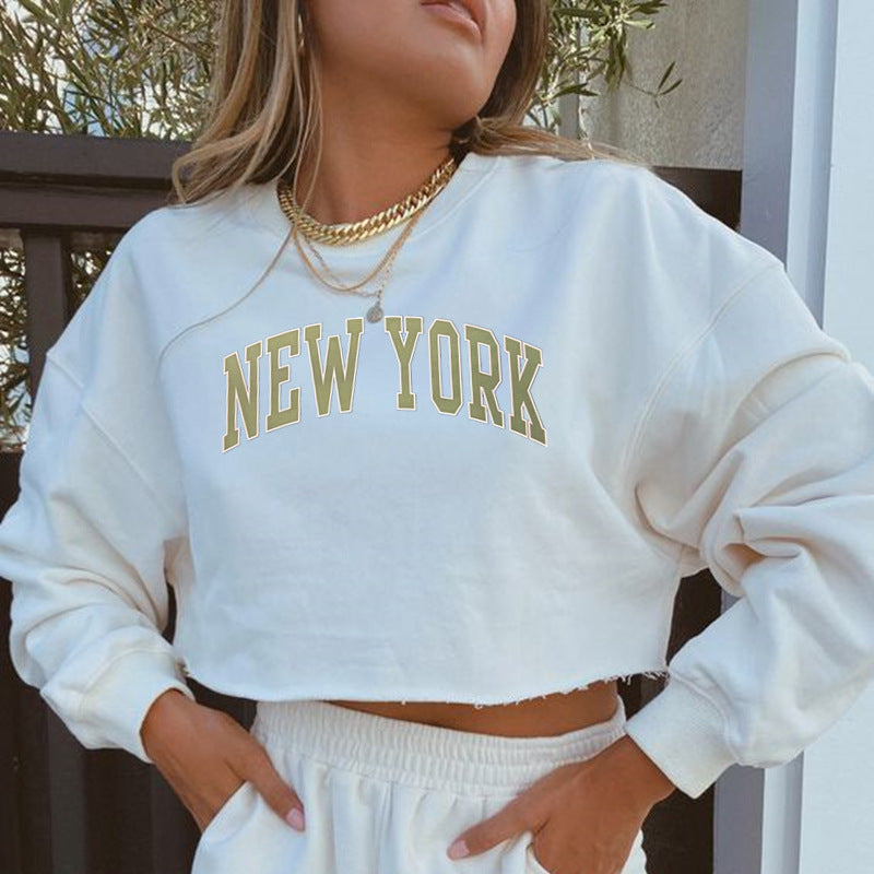 Women Clothing Autumn Winter York Letter Graphic Printing Short Loose Long Sleeves Sweatshirt