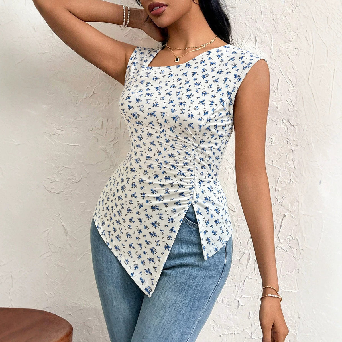 French Floral Sleeveless Vest Women Asymmetric Oblique Square Neck Cinched Side Slit Slim Fit Slimming Top