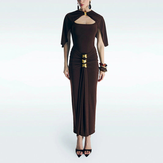 Elegant Lady Shawl Dress Summer Solid Color Stitching Metal Buckle Tight Waist Slim Hip Dress