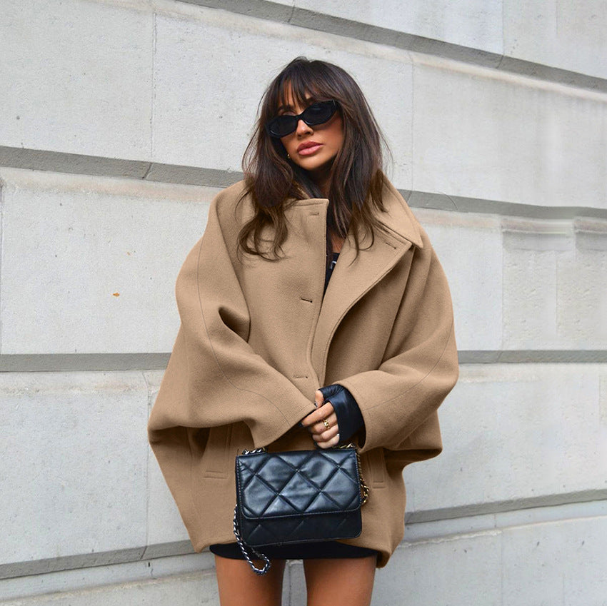 Autumn High Grade Brown Woolen Collared Batwing Sleeve Cardigan Coat Simple Office Women Clothing