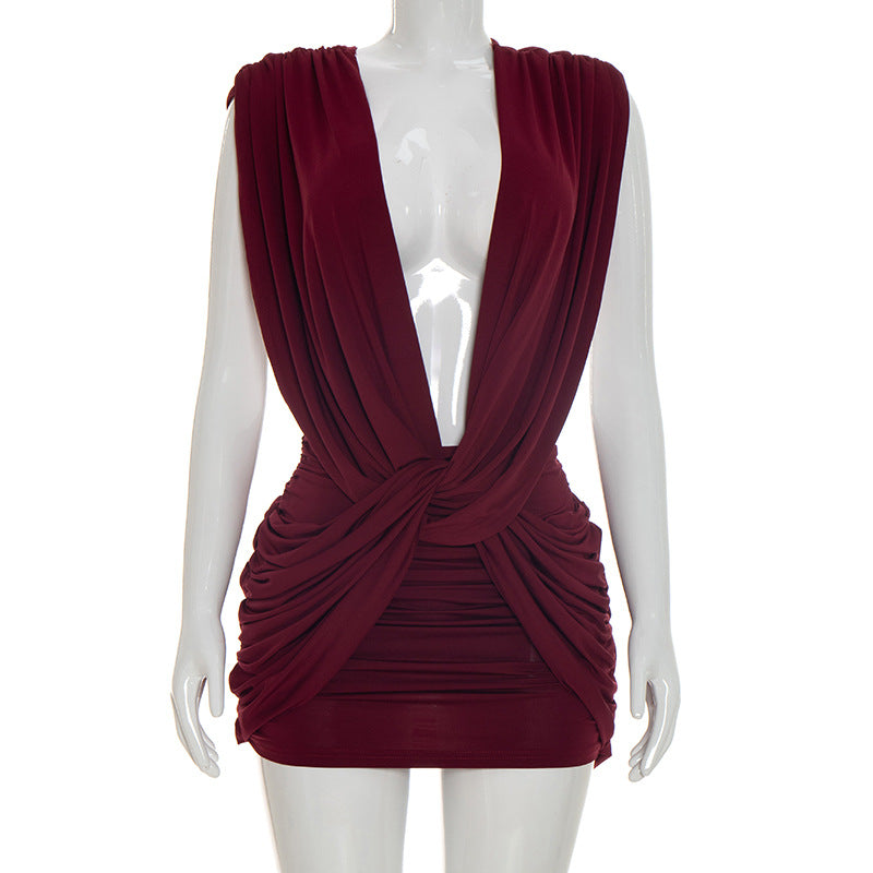 Women Clothing Summer Solid Color Casual Cross Twist Sleeveless Pleated Slim Short Dress
