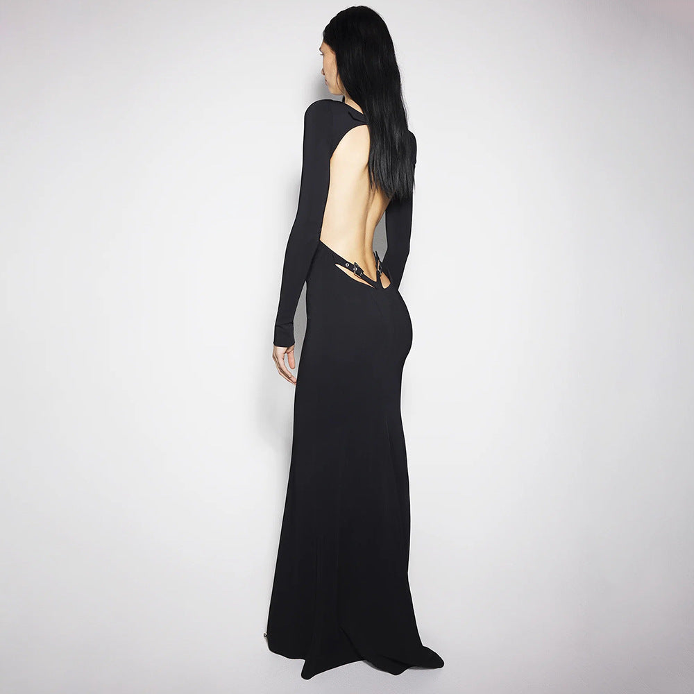 Women Clothing Summer Sexy Long Sleeve Backless Lace Hip Elastic Metal Decoration Dress