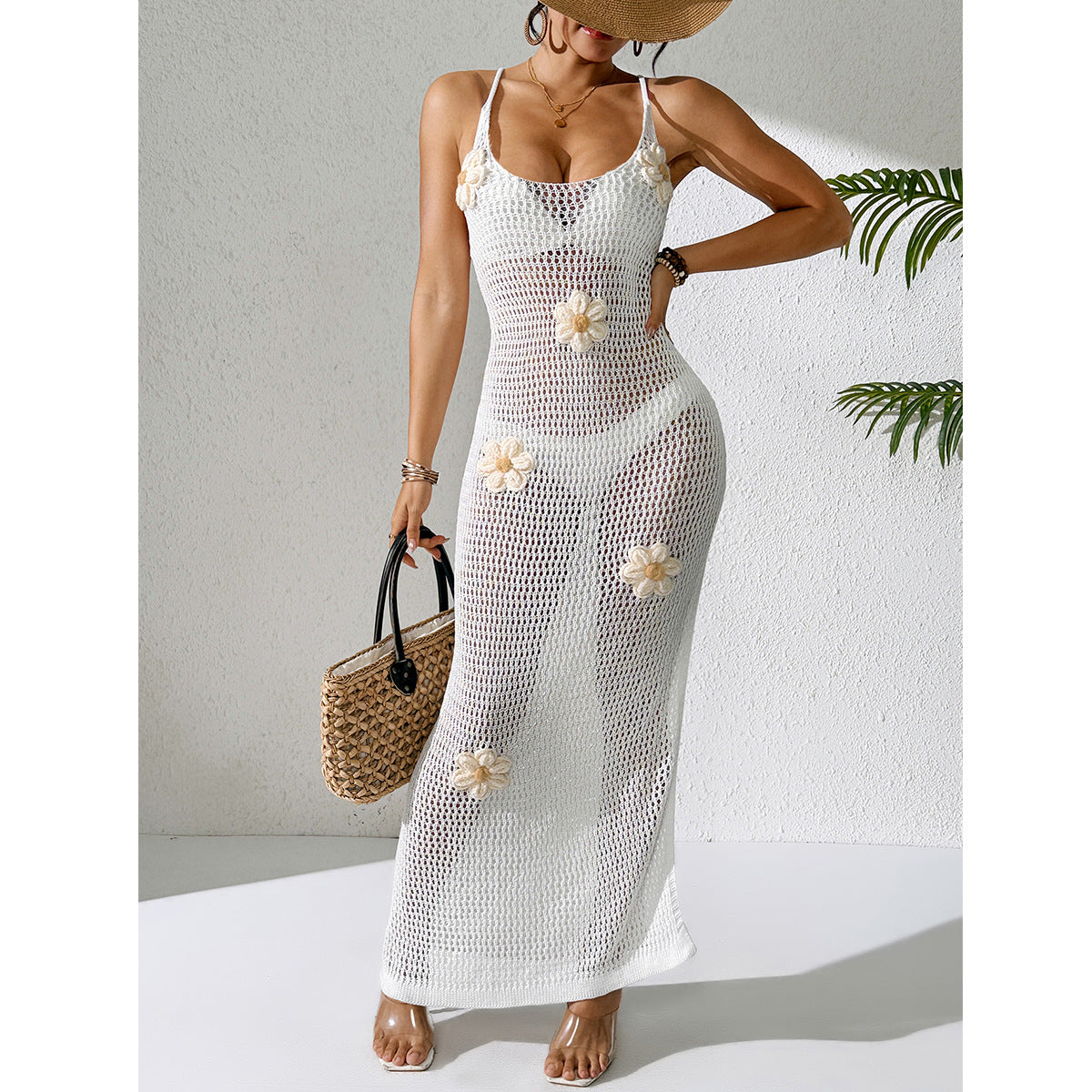Women Clothing Dress Fresh Hand Crocheting Floral Decoration Hollow Out Cutout out Halter Lace up Sexy Side Split Knitted Dress