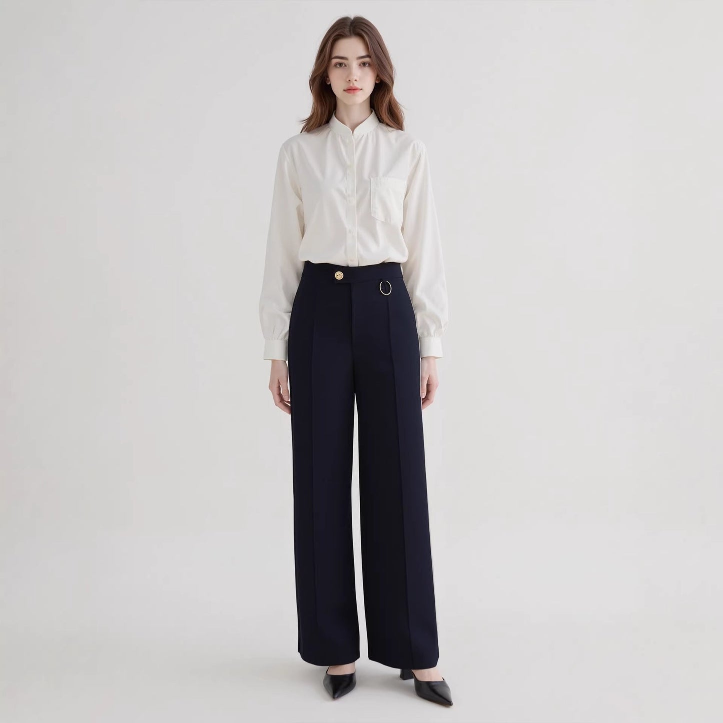 Women Trousers Elegant Office All Matching Irregular Waistline Design Micro Elastic Straight Work Pant