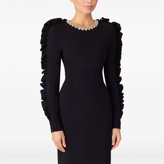 Autumn Star Fashionable Stringy Selvedge Three Dimensional Decoration Long Sleeve Mid Length Dress