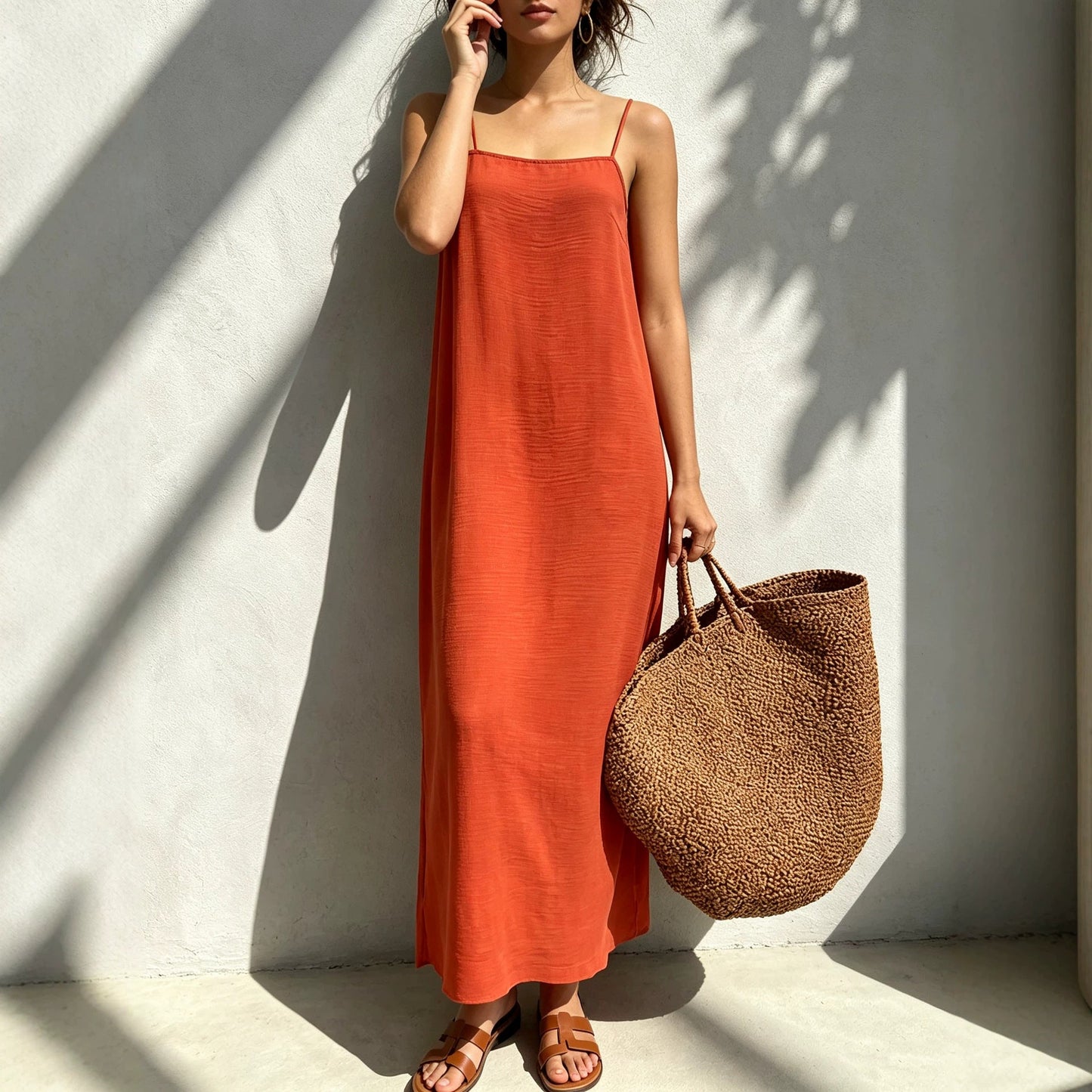 Square Collar Adjustable Shoulder Strap Dress French Lazy Casual Side Slit Summer Cami Dress