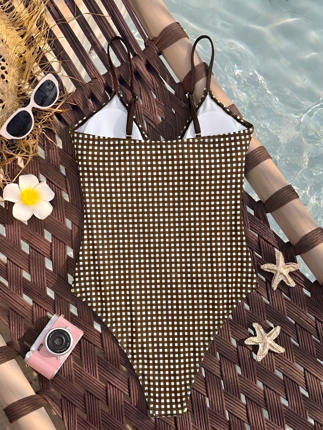 One Piece Swimsuit Plaid Striped Print Knotted Sexy Bikini Beach Women
