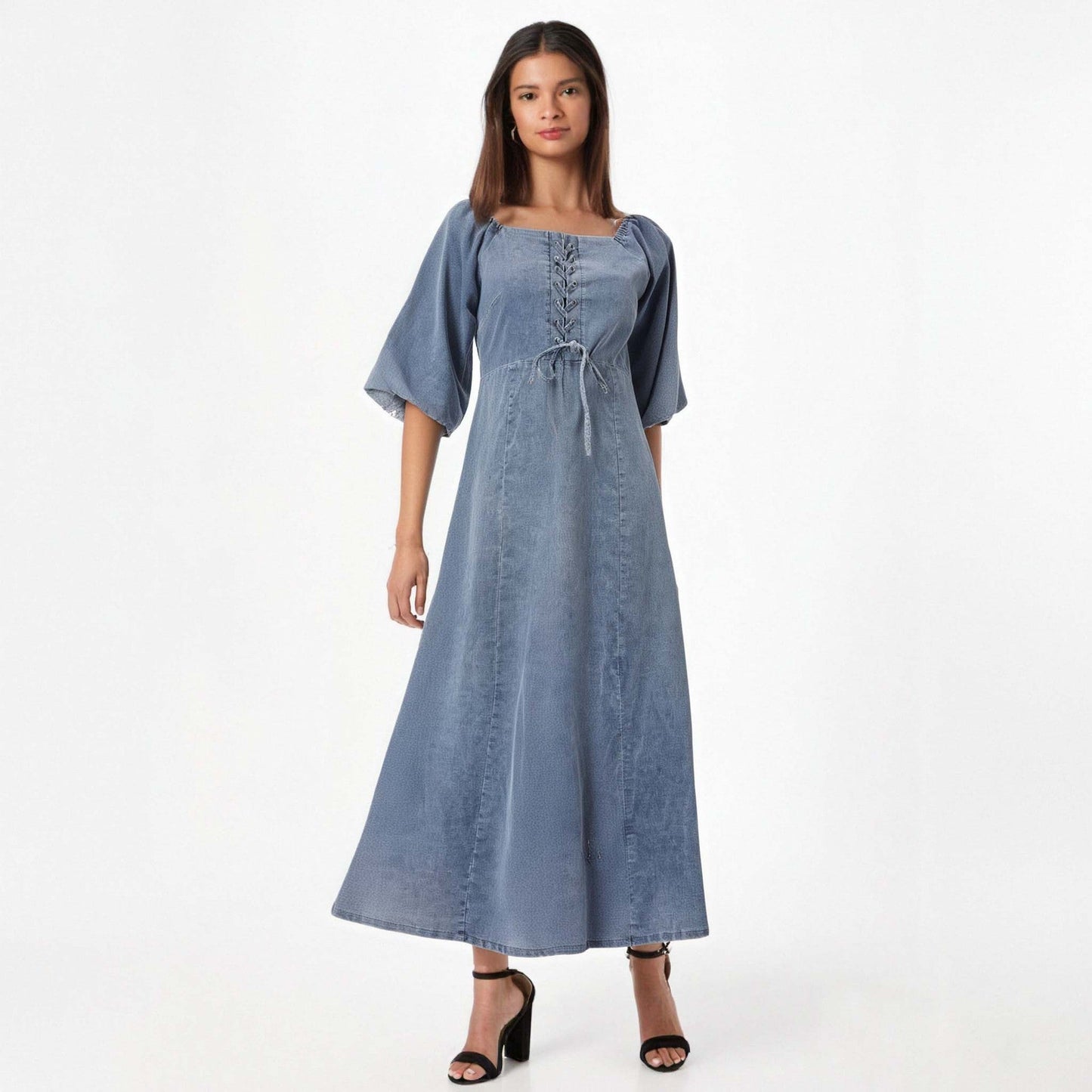 Square Mouth Long Sleeve Lantern Sleeve Waist Tight Solid Color Long A line Denim Thin Dress