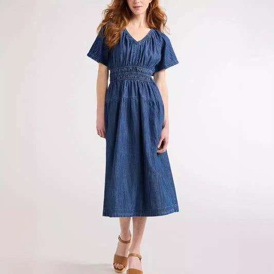 Summer Popular V neck Pleated Waist Tight Slimming Dress Dress