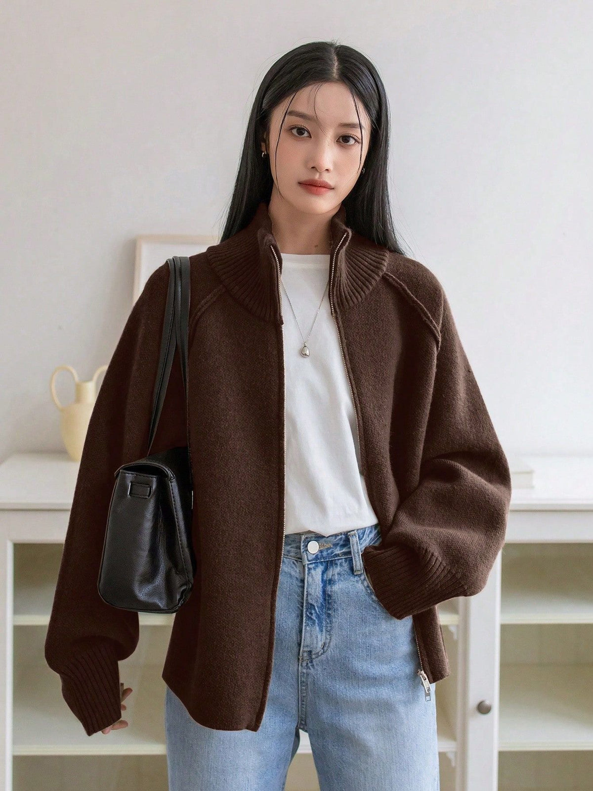 Lazy Sweater Coat Women Autumn Winter Korean Solid Color Stand Collar Zipper Knitted Cardigan Top