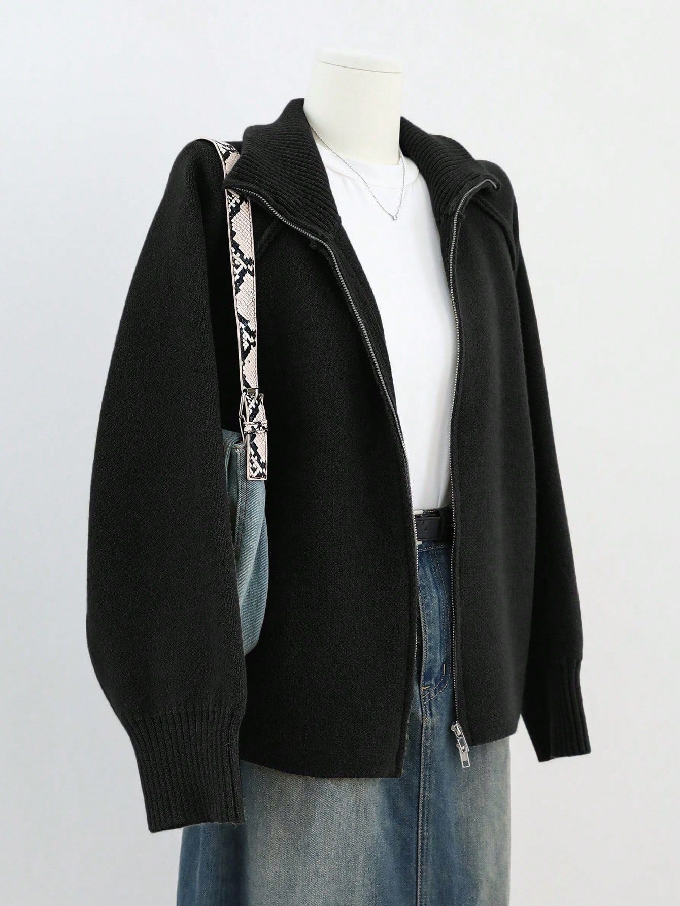 Lazy Sweater Coat Women Autumn Winter Korean Solid Color Stand Collar Zipper Knitted Cardigan Top