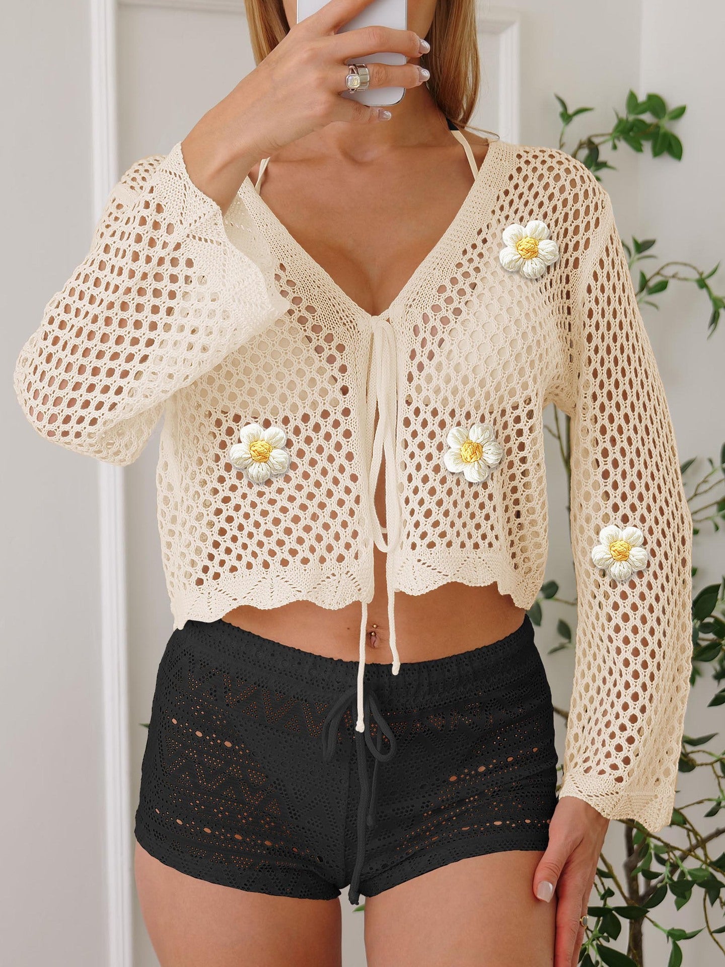 Women Lace up Cardigan Hollow Out Cutout out Woven Shirt Embroidered Floral Stitching Beach Sun Protection Long Sleeved Blouse Casual Coat