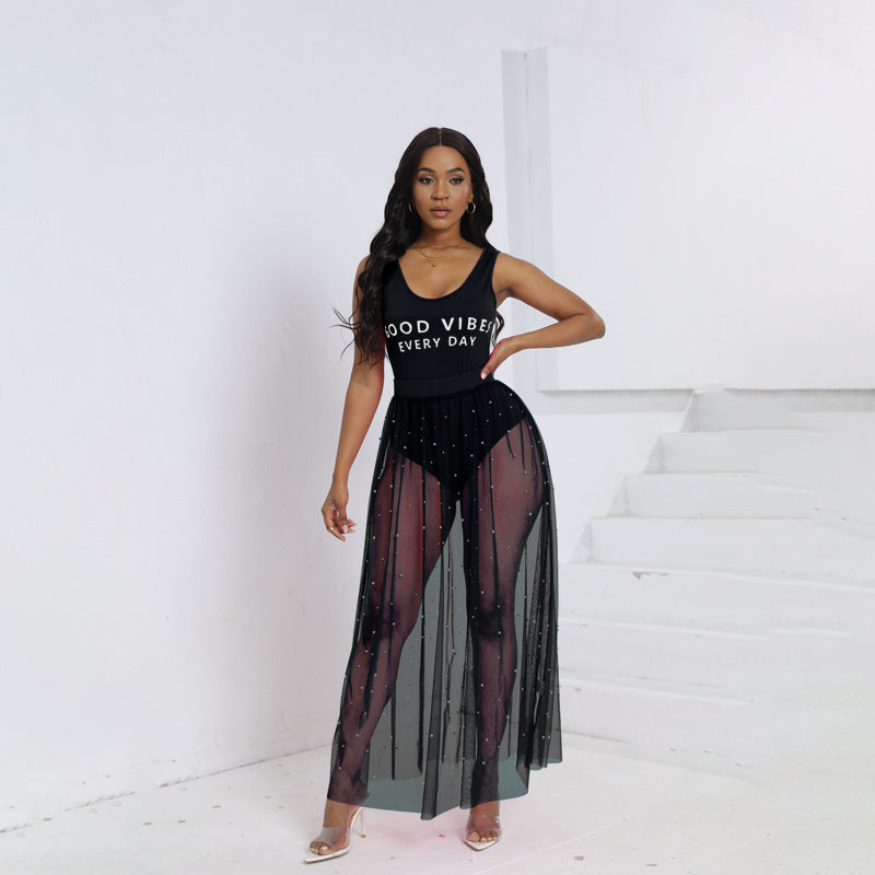 Summer Sexy Jumpsuit Beach Dress Two Piece Suit Handmade Beaded Transparent Mesh Skirt Set