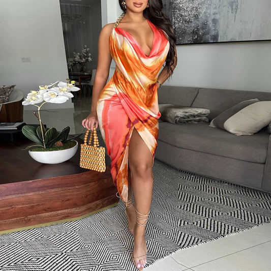 Sources Sexy Backless Tie Dyed Silk Satin Texture Swing Collar Dress Summer