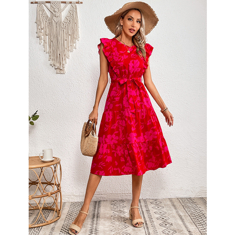 Summer Printed round Neck Ruffled Short Sleeve One Piece Dress for Women